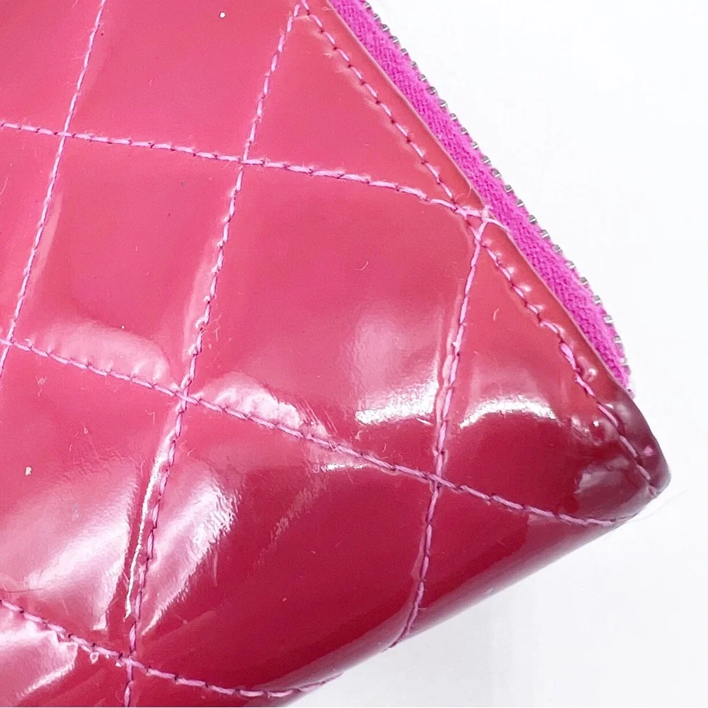 CHANEL Patent Quilted Zip Around Long Wallet Pink Salmon 14 Series (2011)